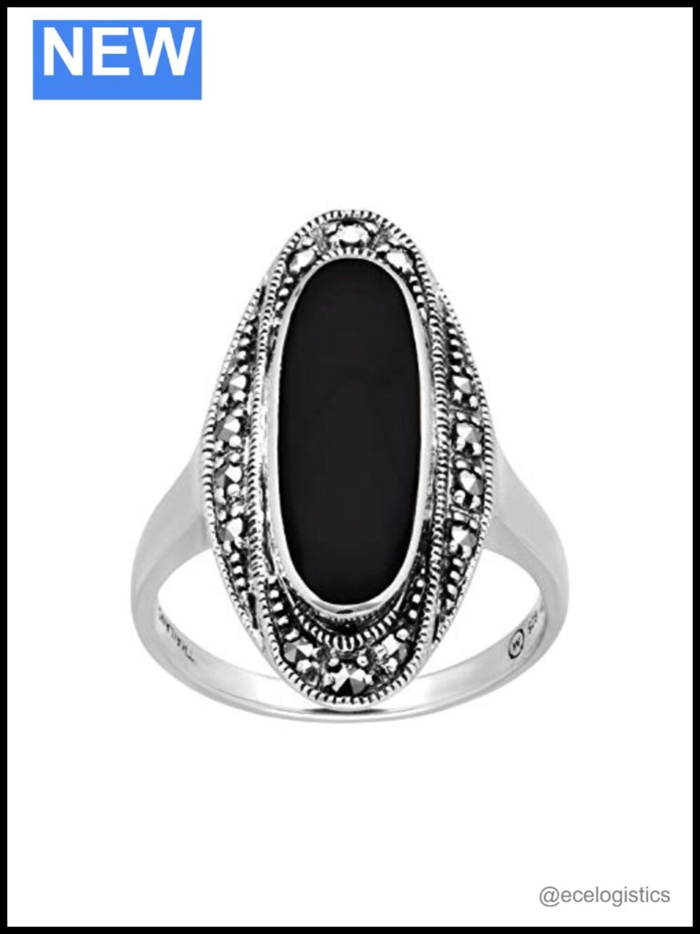 Sterling Silver Black Onyx Marcasite Statement Ring Size 7